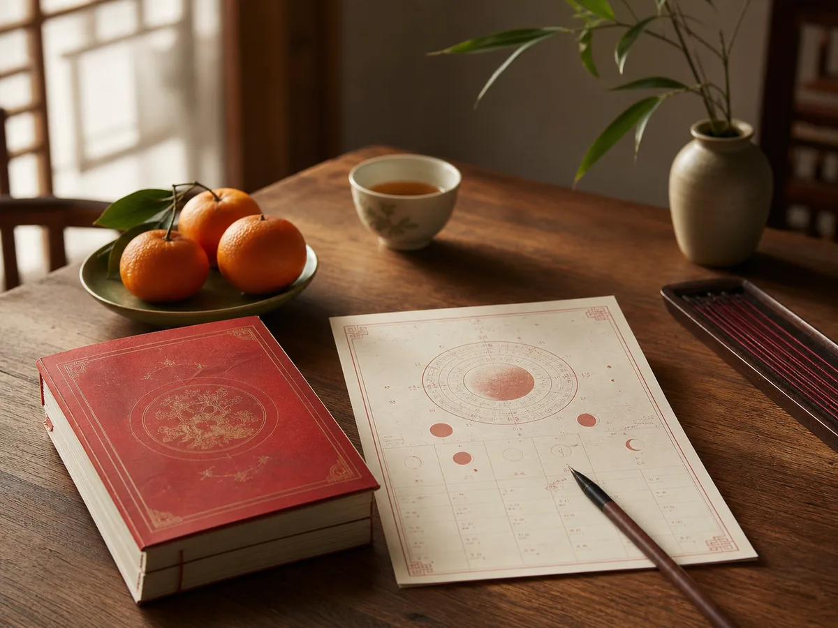 A red Chinese almanac, lunar calendar pages, oranges, and incense on a warm wooden table.