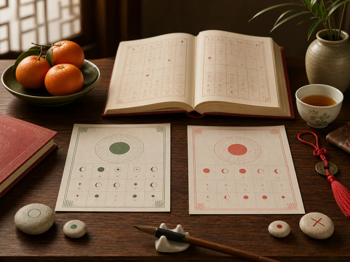 A marked lunar calendar with tea and oranges for comparing good and bad days.
