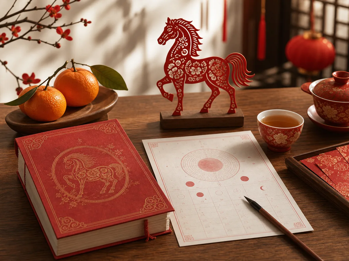 A refined horse figurine, red almanac, oranges, tea, and lunar calendar pages for the 2026 Fire Horse year.