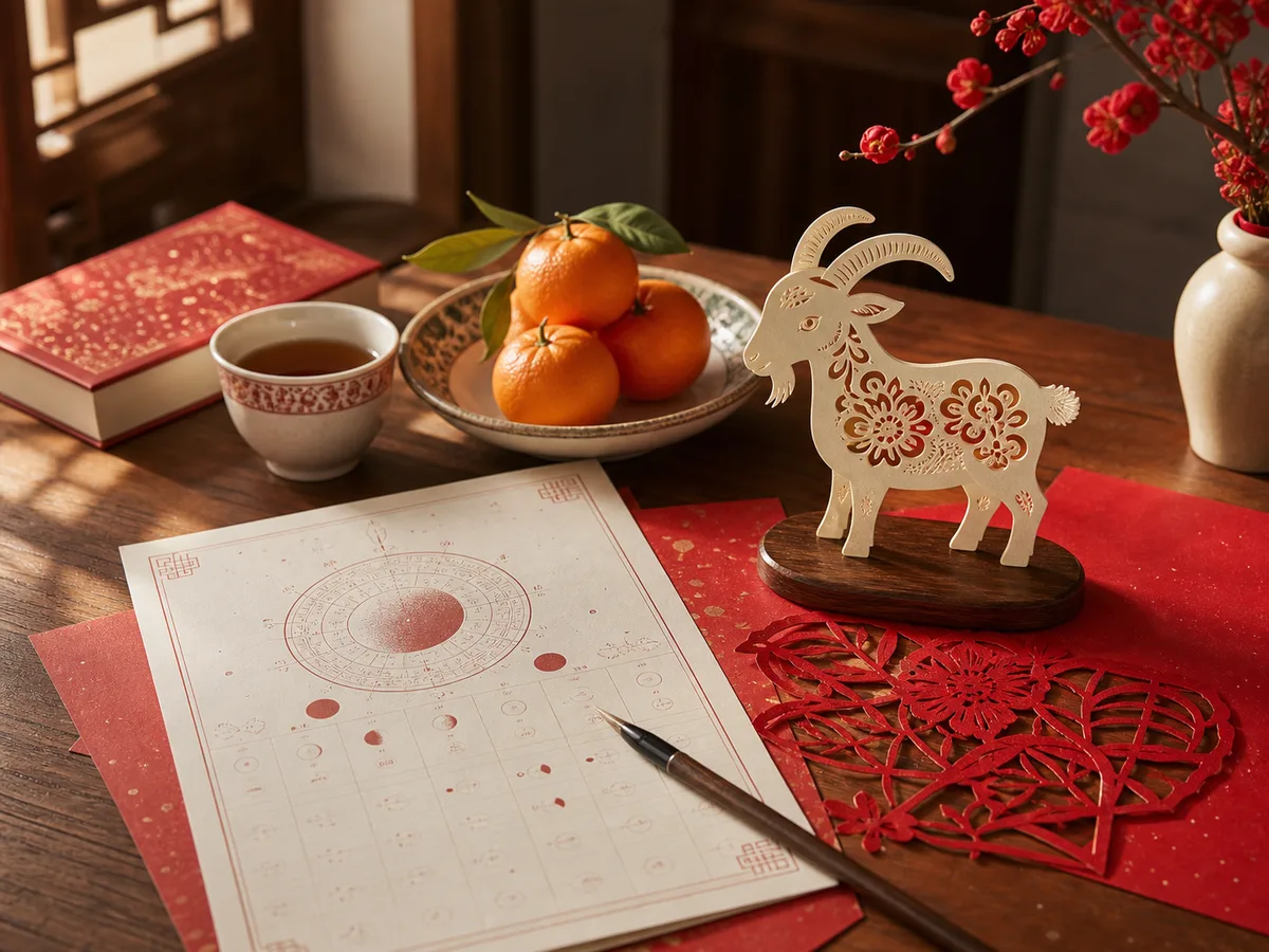 A refined goat figurine, folded red paper, oranges, tea, and lunar calendar pages for the 2027 Fire Goat year.
