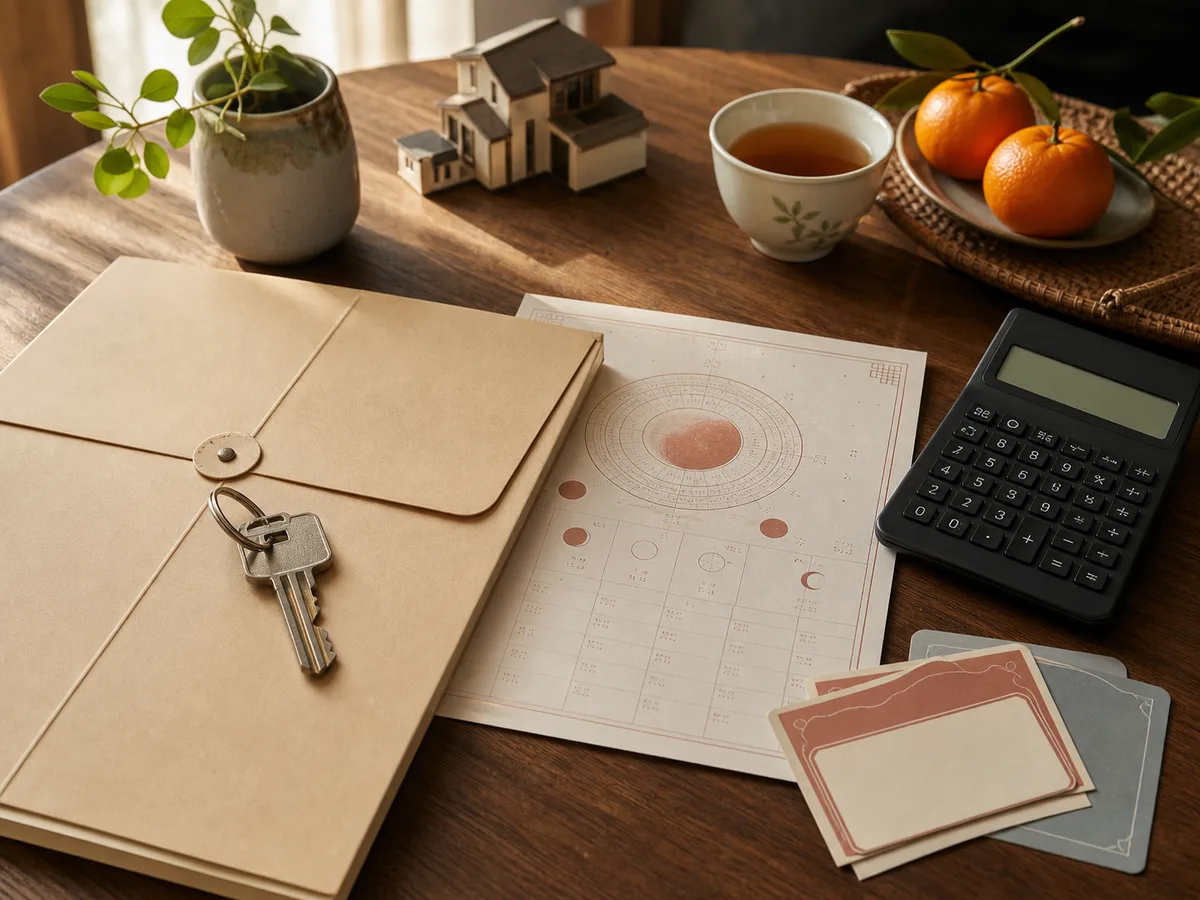 A key, calculator, oranges, and lunar calendar pages arranged for planning a major purchase.