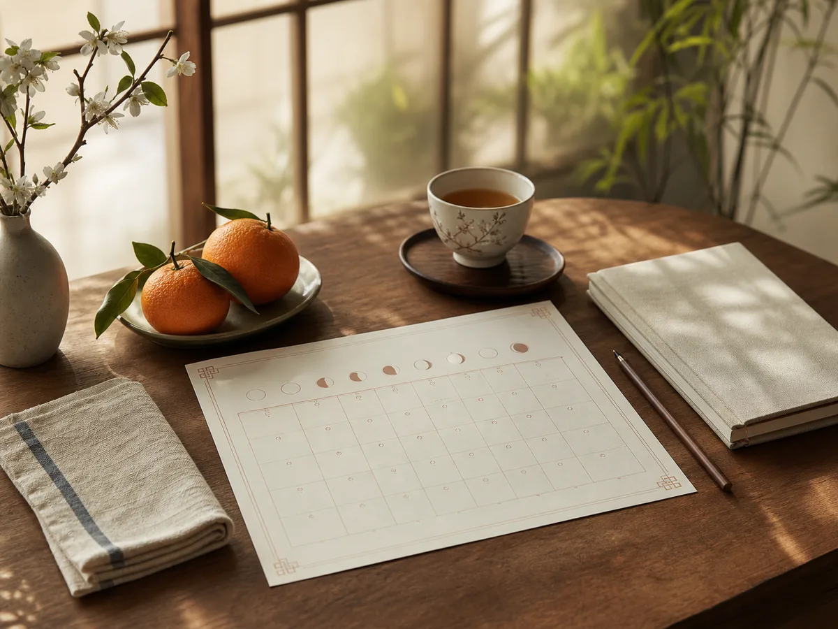 A calendar, tea cup, and simple wellness items arranged for culturally sensitive medical scheduling.