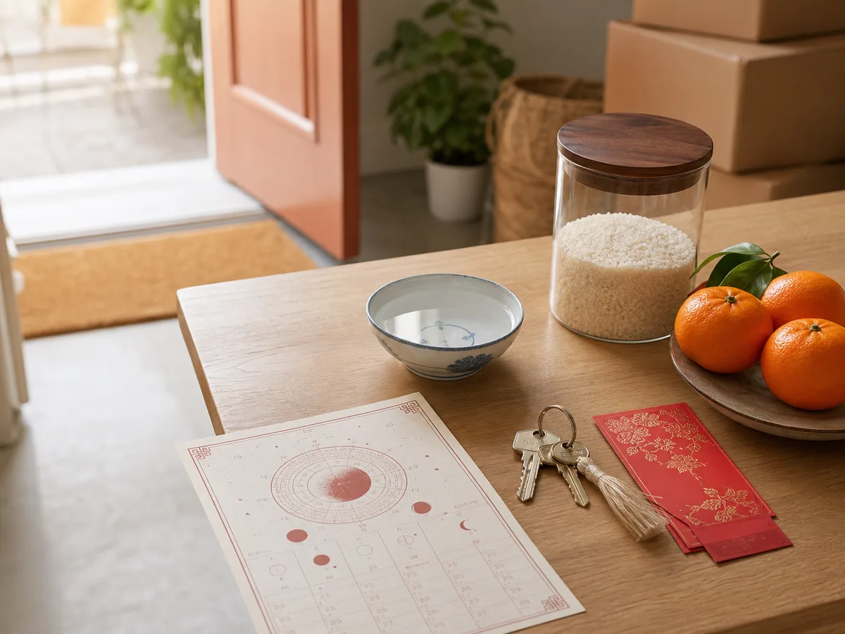 Keys, oranges, rice, and a lunar calendar arranged for a Chinese move-in day.