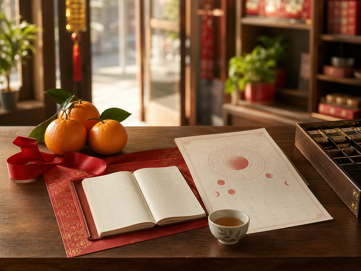 A shop counter with oranges, red ribbons, and a lunar calendar before a Chinese business opening.