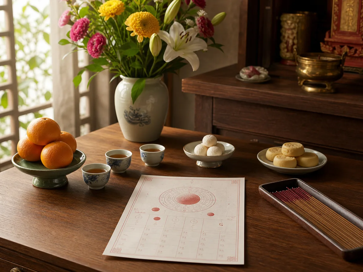 Offerings, flowers, tea, and a lunar calendar prepared for Chinese prayers.