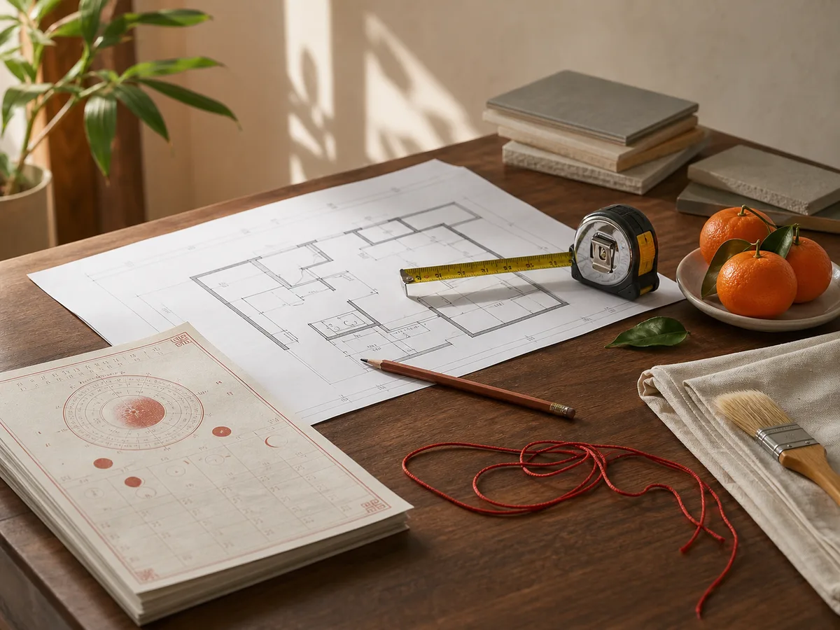 A tape measure, floor plans, oranges, and a lunar calendar for choosing a renovation start date.