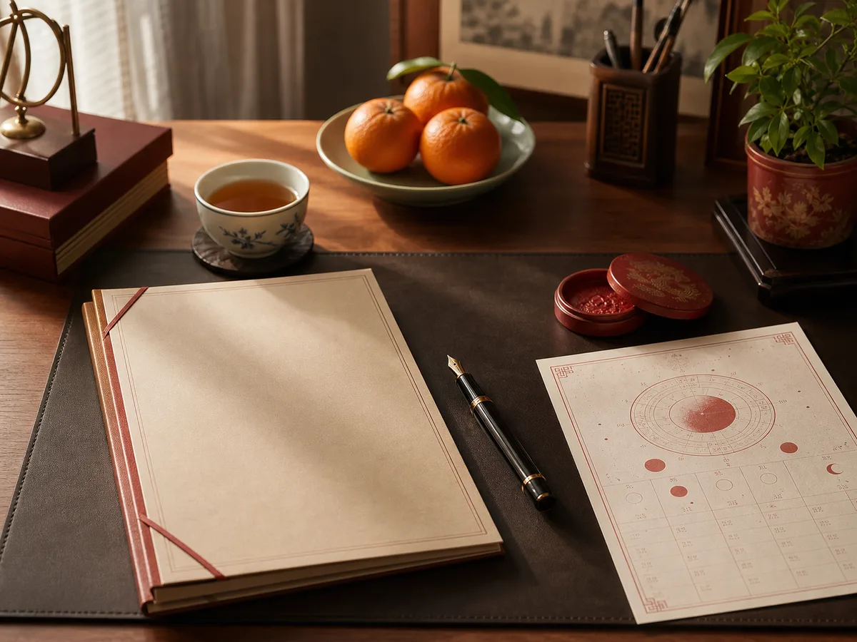 A pen, contract folder, tea cup, and lunar calendar arranged for signing an agreement.