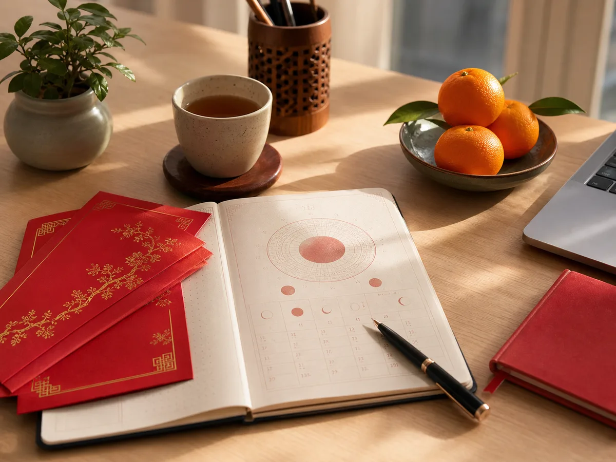 A desk with tea, red packets, and a lunar calendar for choosing a start-work day.