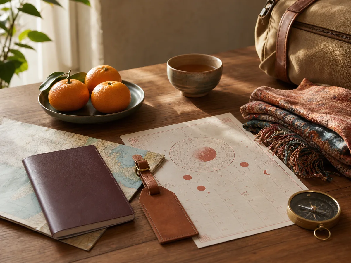 A passport cover, luggage tag, oranges, and lunar calendar pages prepared for travel planning.
