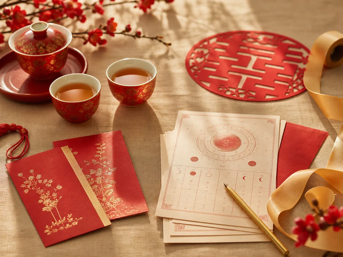 Red wedding envelopes, tea cups, and a lunar calendar prepared for choosing a Chinese wedding date.