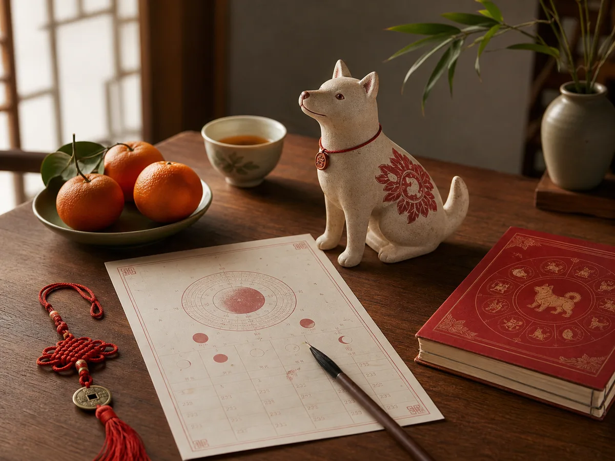 A refined dog zodiac figurine with lunar calendar pages, tea, oranges, and red cord.