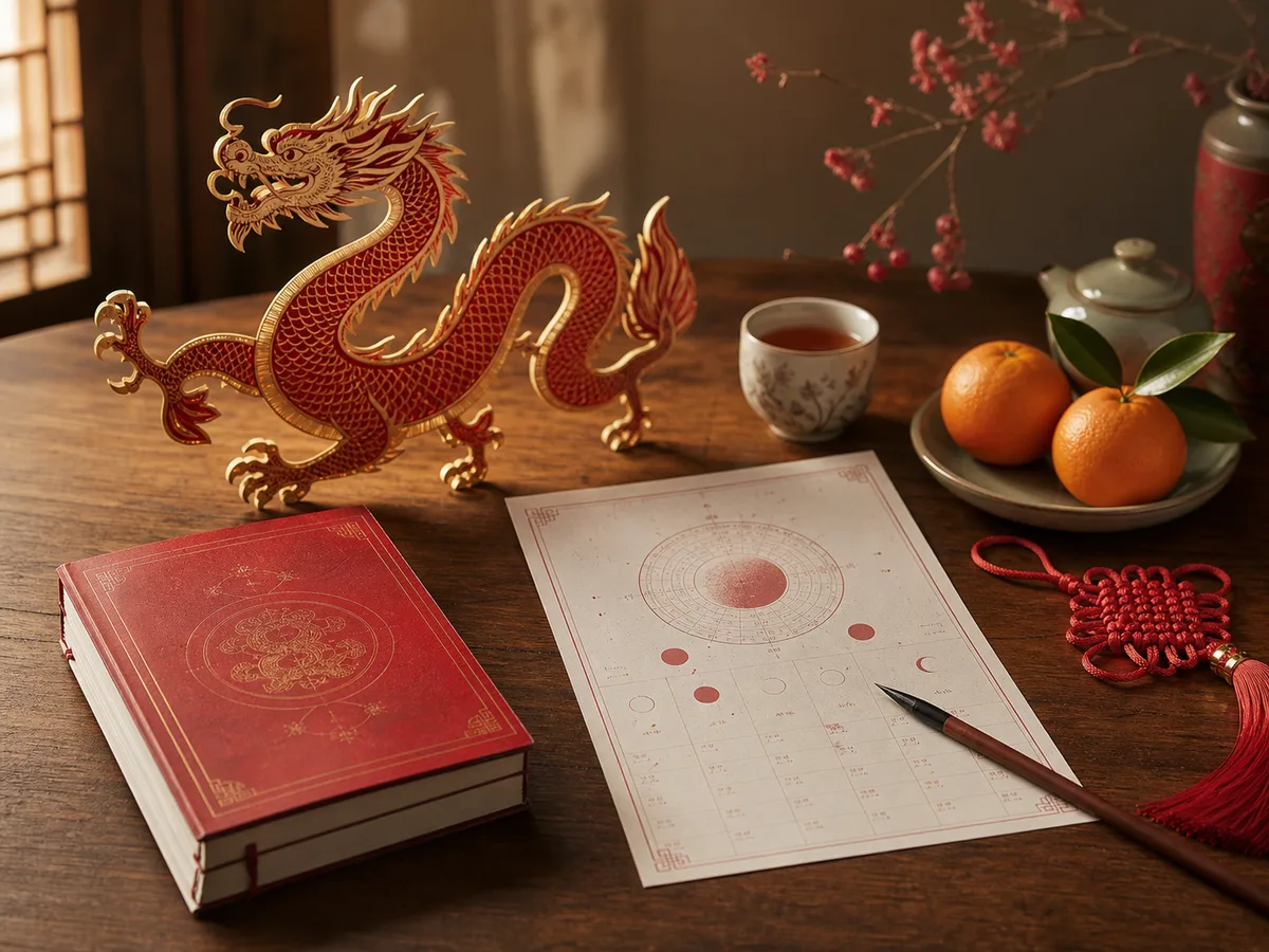 A refined dragon zodiac figurine with lunar calendar pages, tea, oranges, and red-gold accents.
