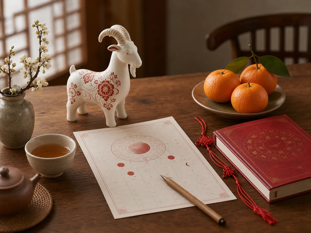 A refined goat zodiac figurine with lunar calendar pages, tea, oranges, flowers, and red cord.