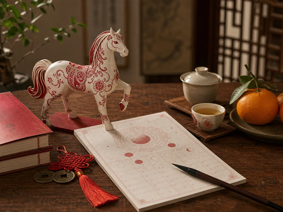 A refined horse zodiac figurine with lunar calendar pages, tea, oranges, and red cord.