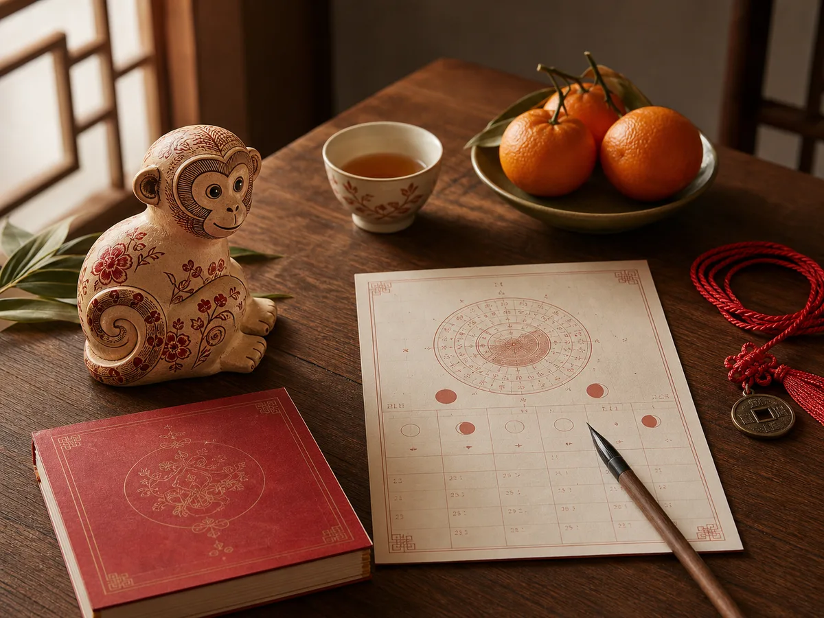 A refined monkey zodiac figurine with lunar calendar pages, tea, oranges, and red cord.
