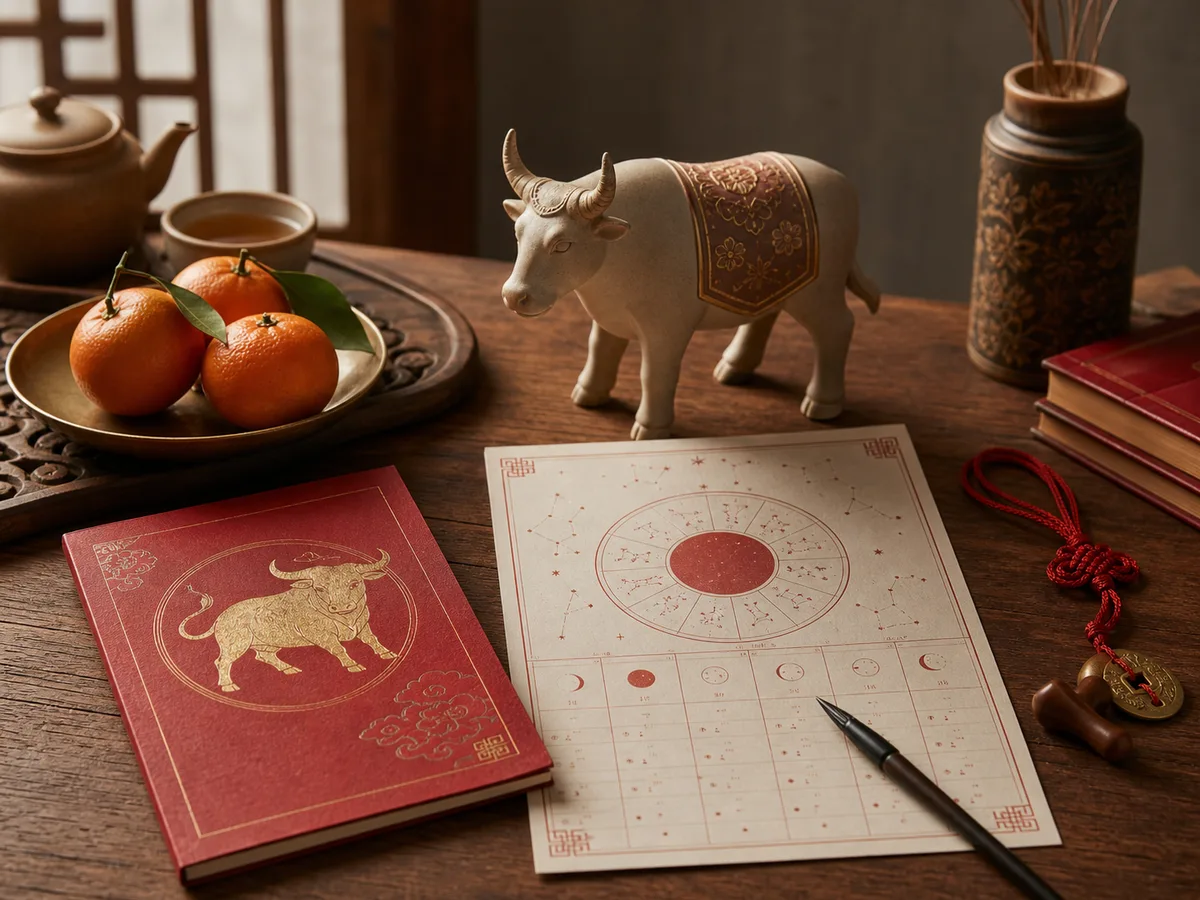 A refined ox zodiac figurine with lunar calendar pages, tea, oranges, and red cord.