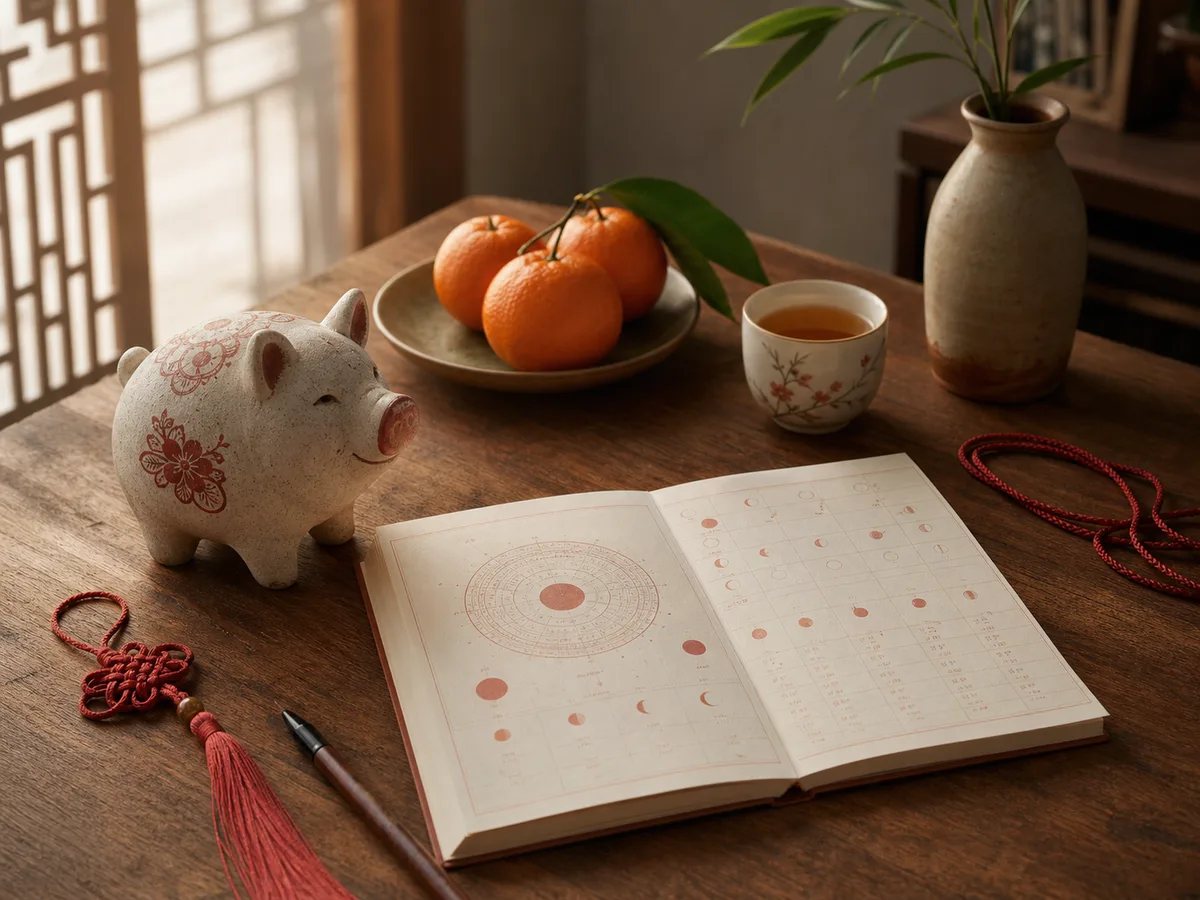 A refined pig zodiac figurine with lunar calendar pages, tea, oranges, and red cord.