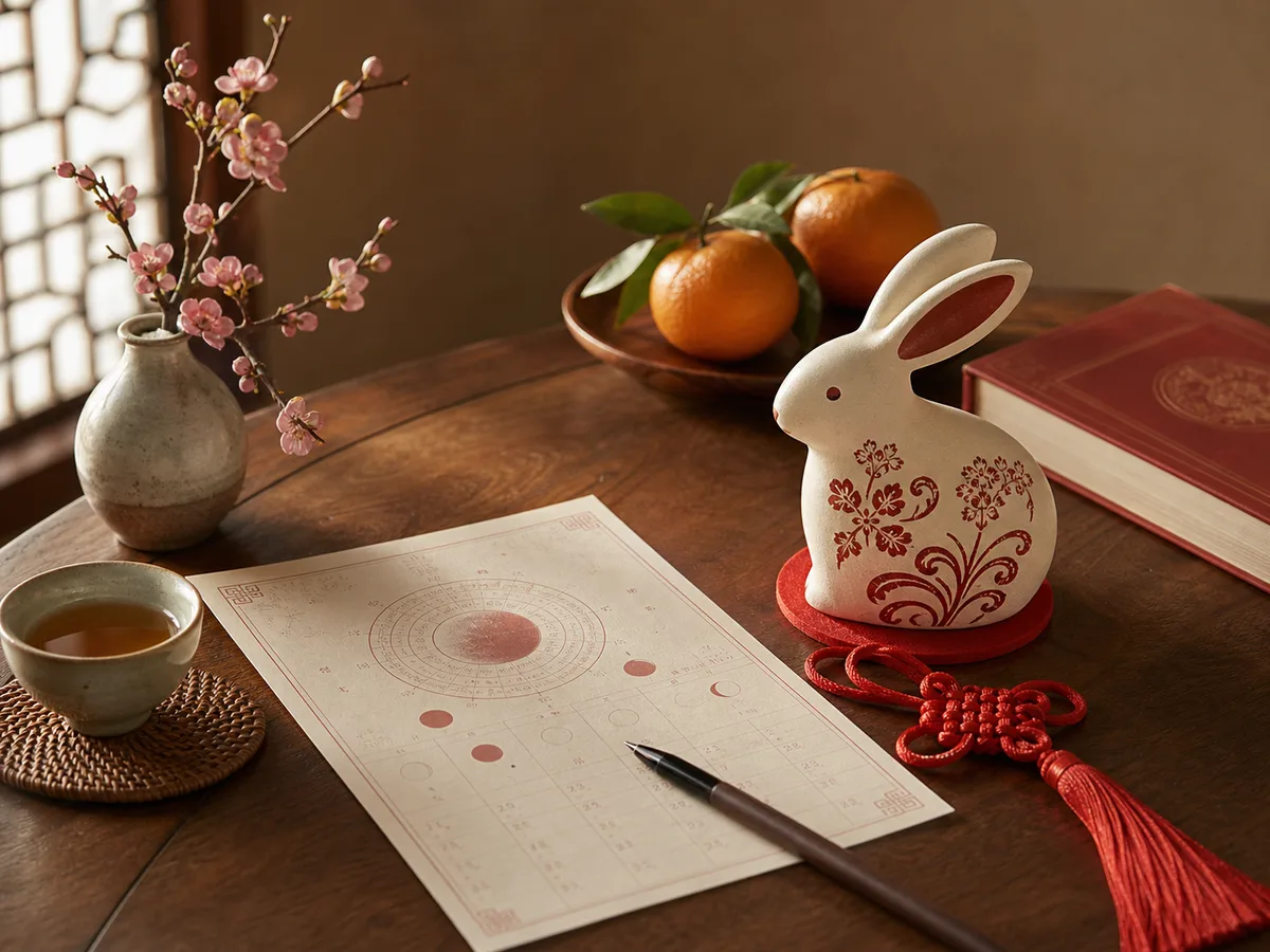 A refined rabbit zodiac figurine with lunar calendar pages, tea, oranges, flowers, and red cord.