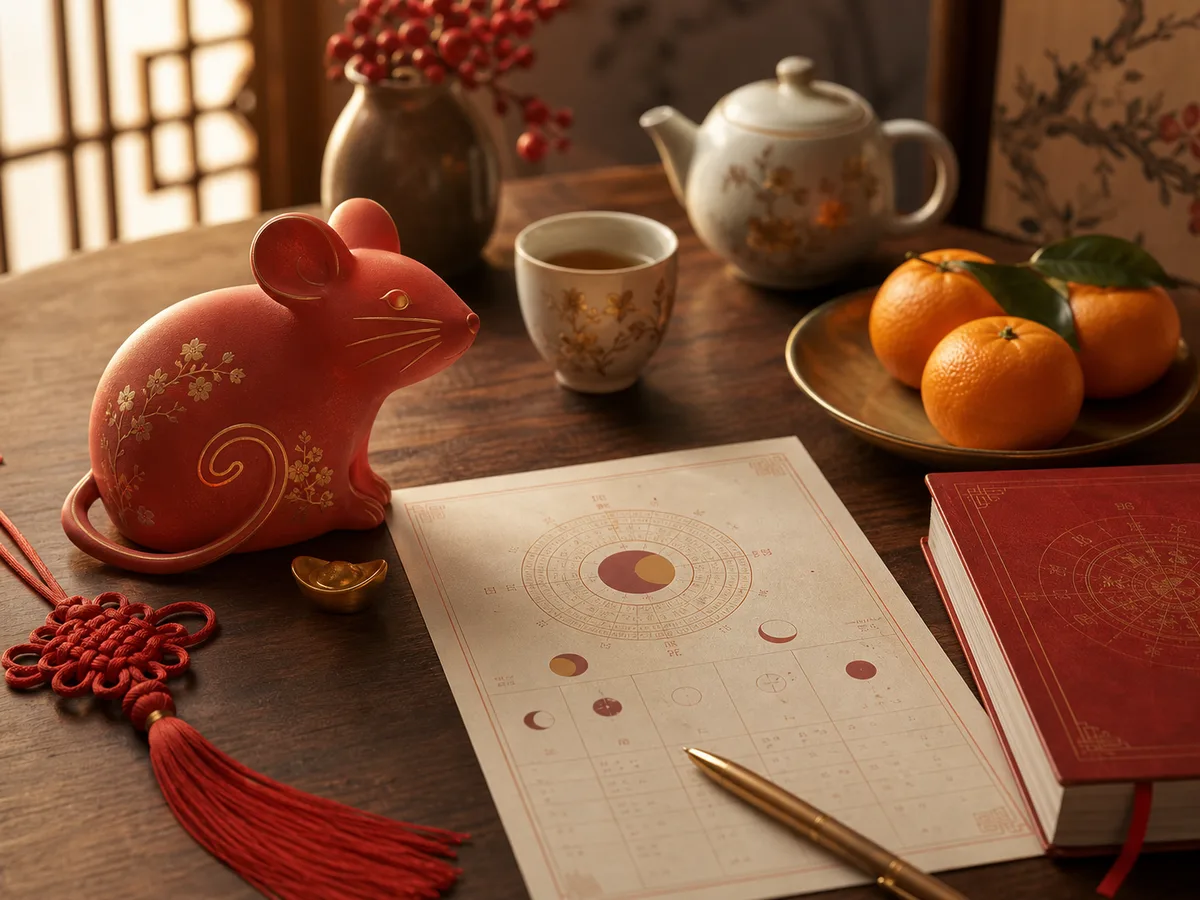 A refined rat zodiac figurine with lunar calendar pages, tea, oranges, and red cord.