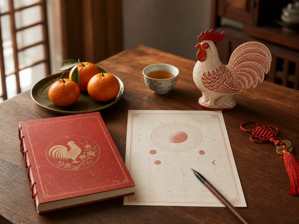 A refined rooster zodiac figurine with lunar calendar pages, tea, oranges, and a brush pen.