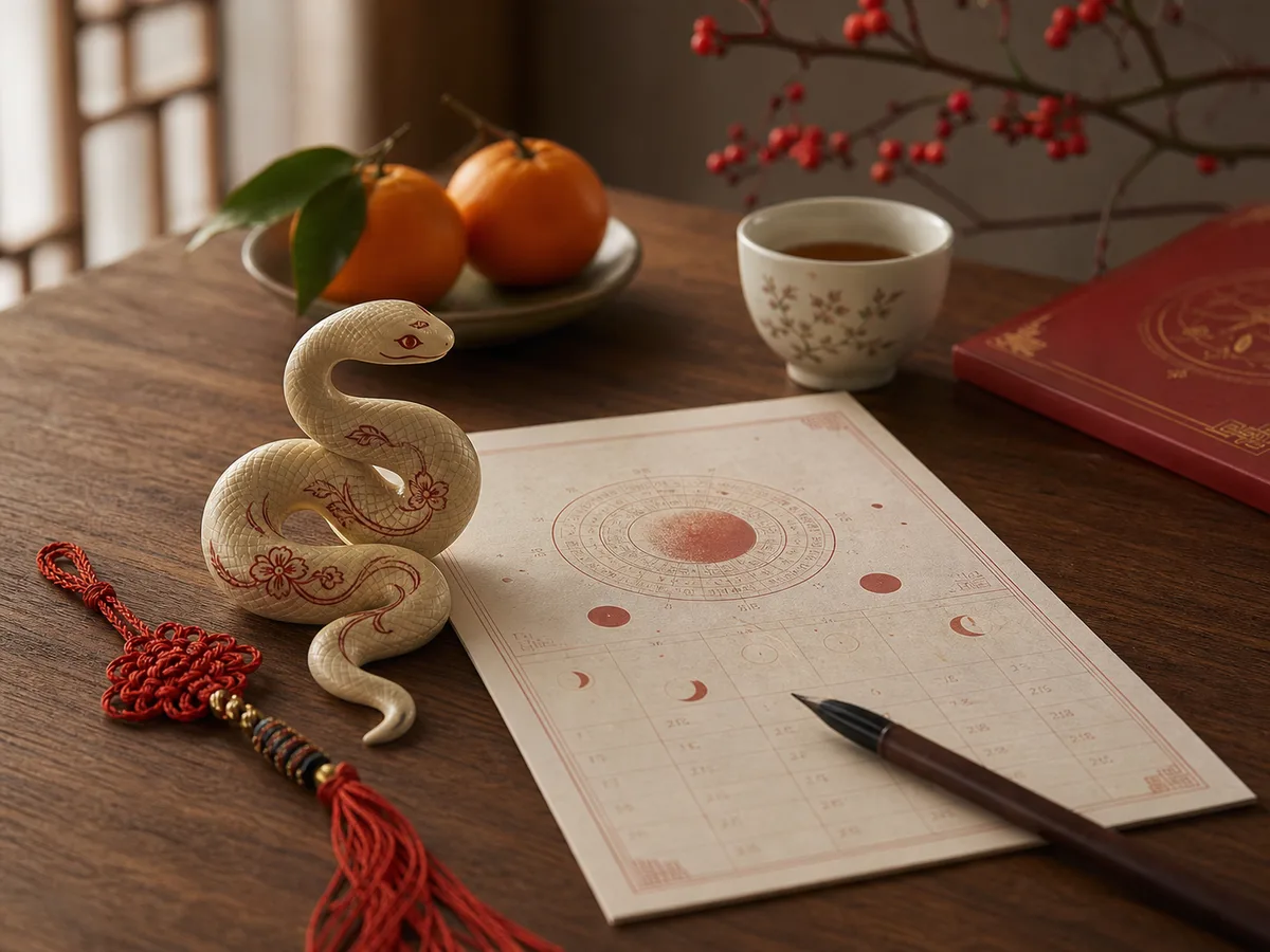 A refined snake zodiac figurine with lunar calendar pages, tea, oranges, and a brush pen.