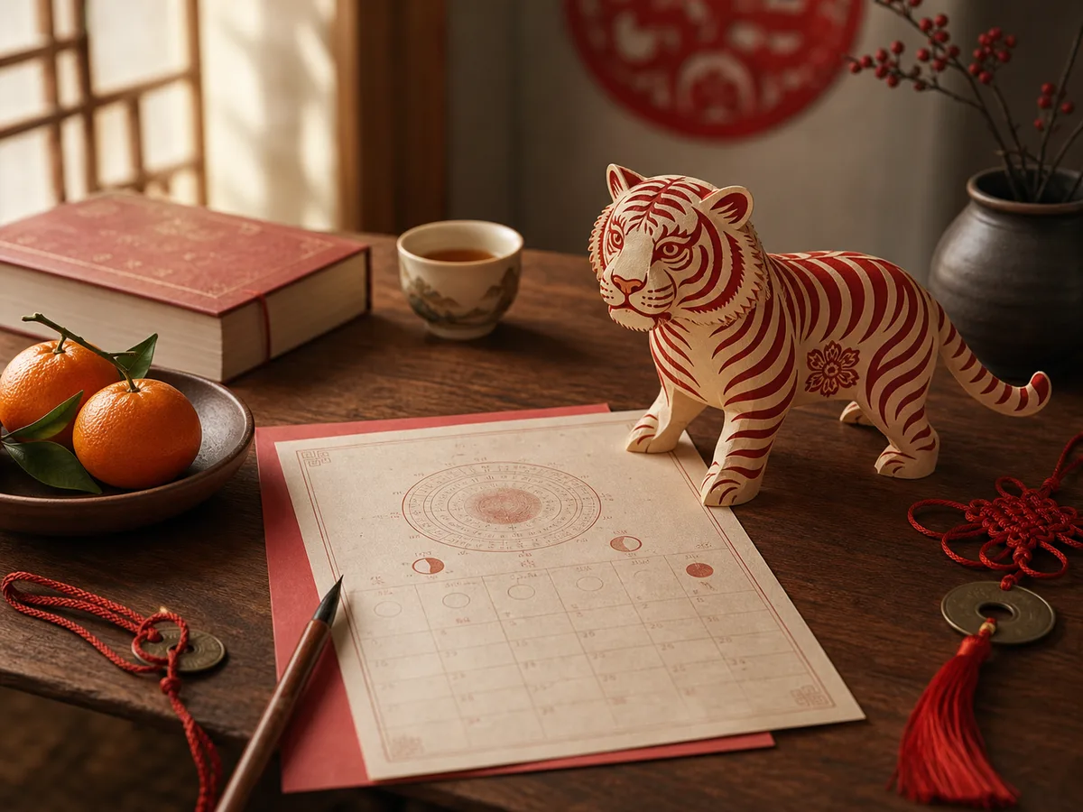 A refined tiger zodiac figurine with lunar calendar pages, tea, oranges, and a brush pen.