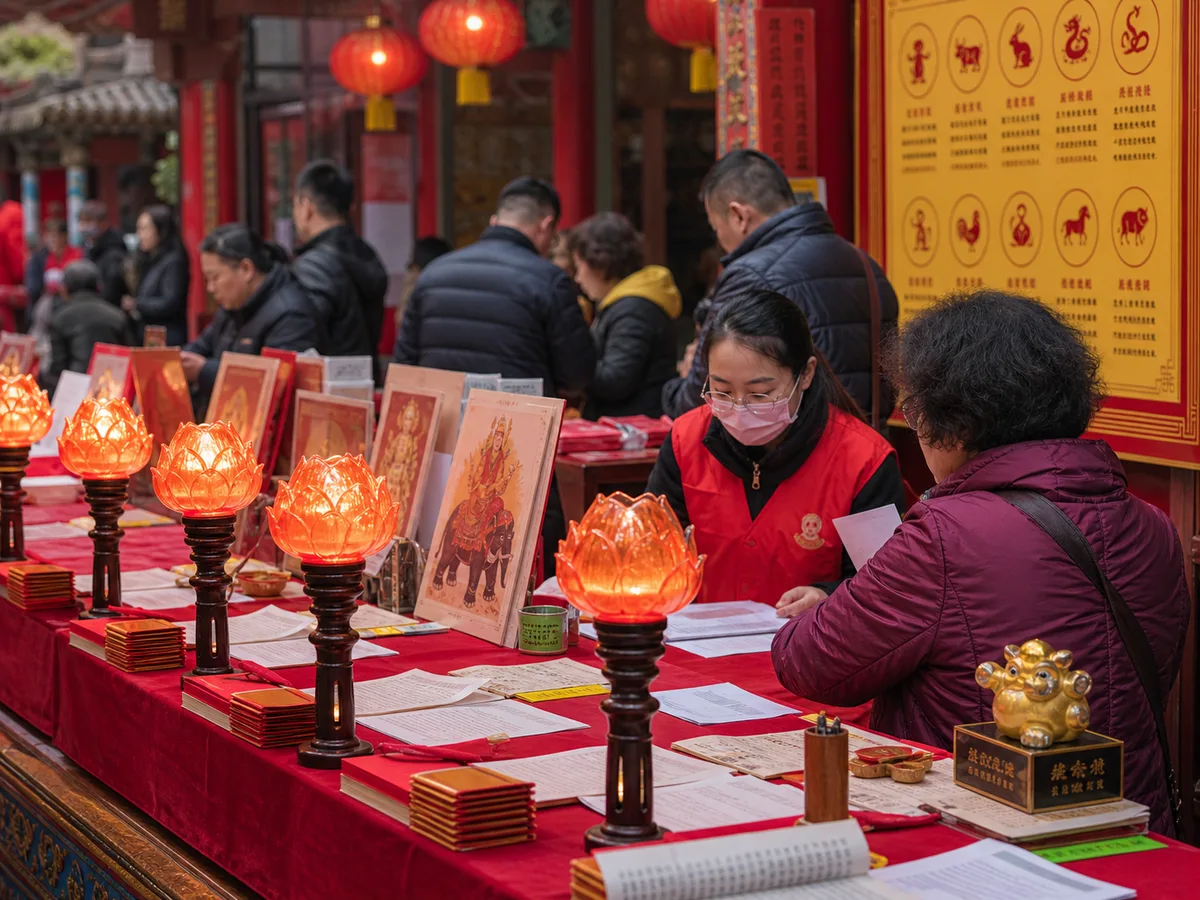 Lamps and petition forms arranged for an An Tai Sui blessing.