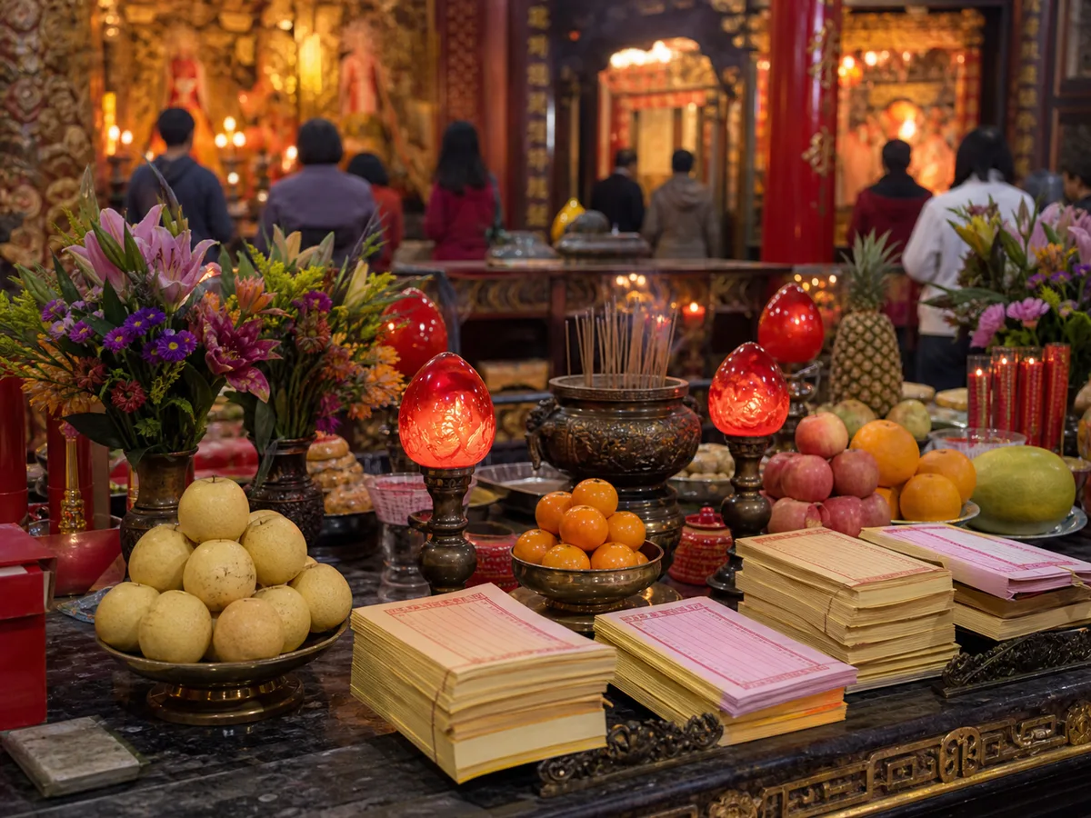Fruit, lamps, and health petitions prepared for Bao Sheng Da Di Birthday.