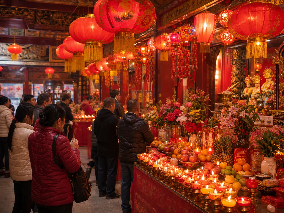 Fruit, lamps, and red lanterns at a Caishen New Year prayer area.