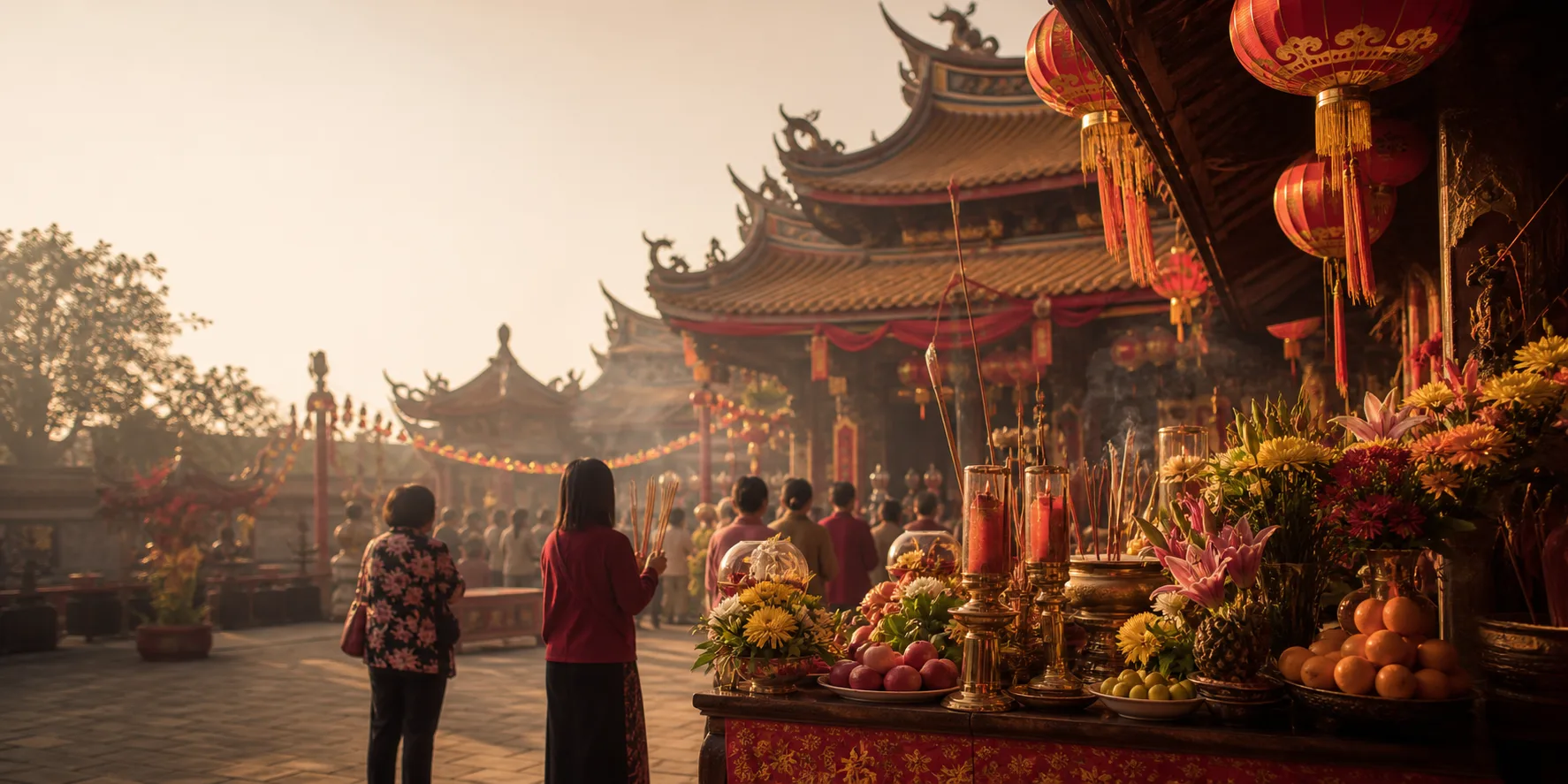 Chinese temple courtyard prepared for a festival ceremony.