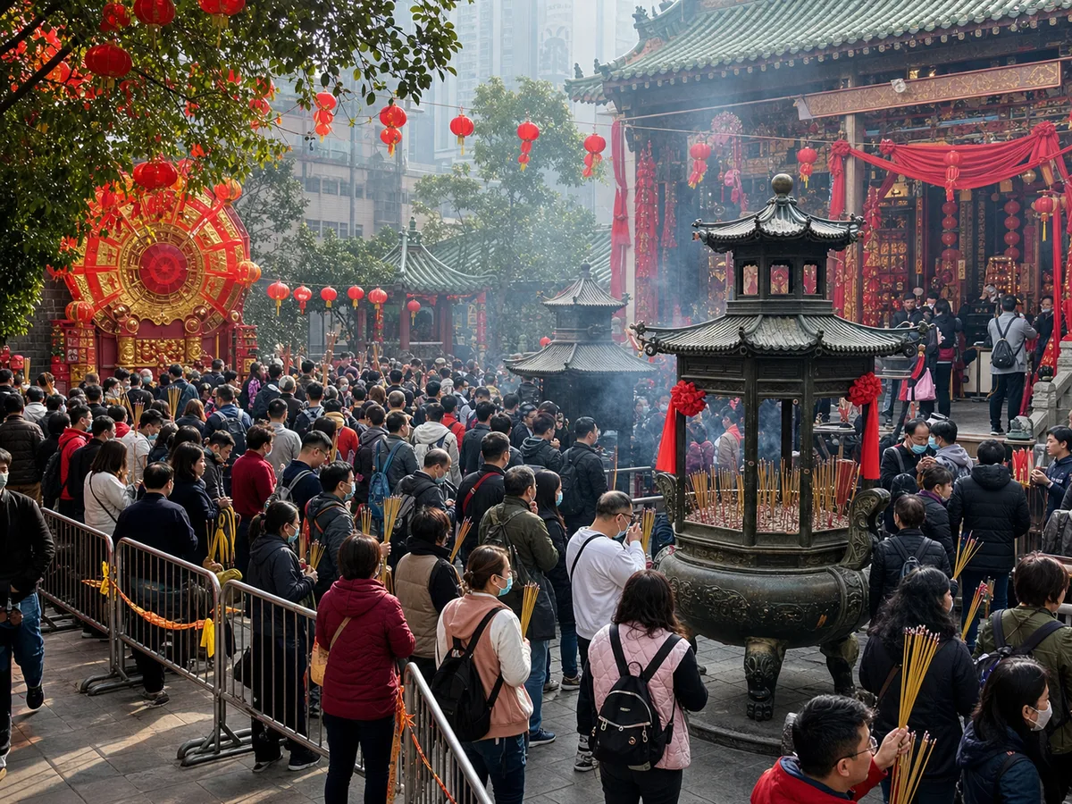 Orderly New Year crowds and incense at a Che Kung temple prayer visit.