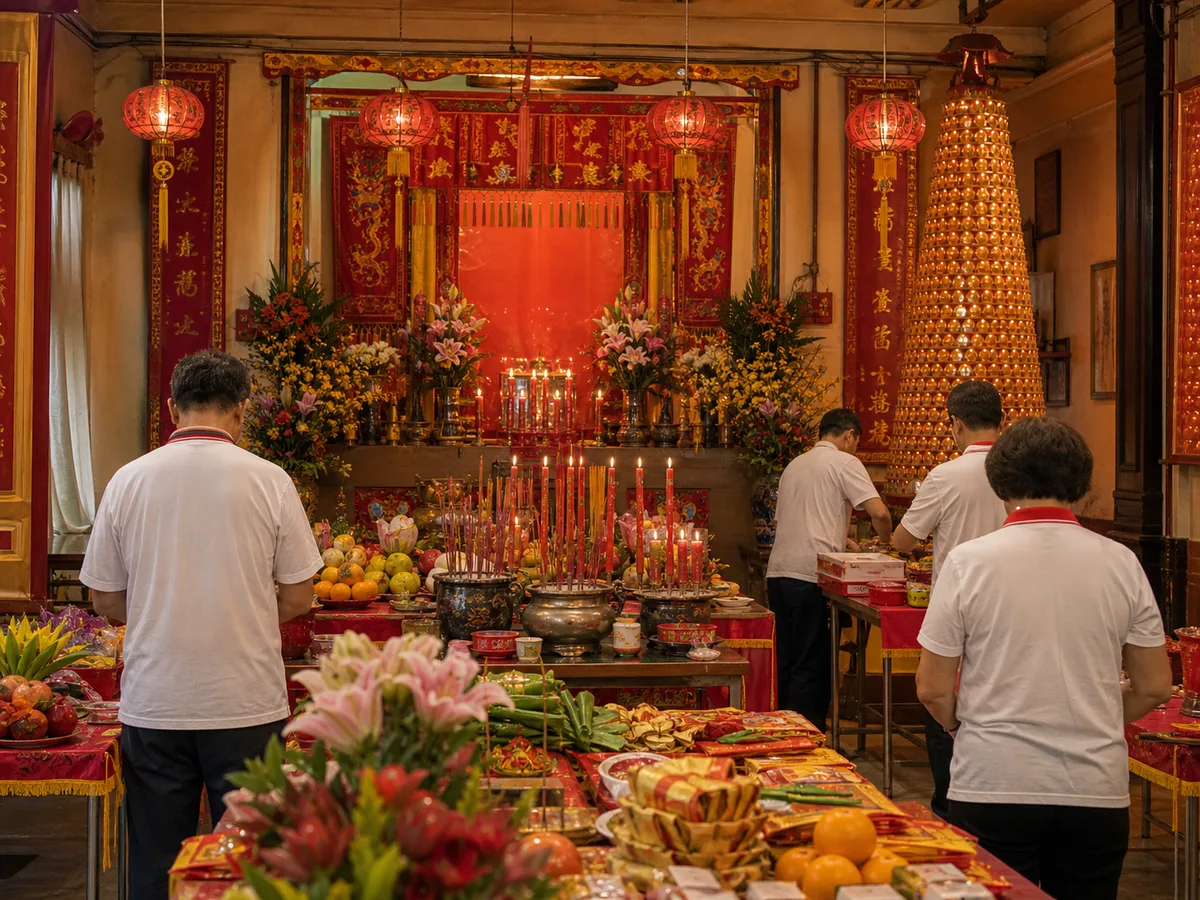 Red candles, fruit, and banners prepared for a City God birthday observance.