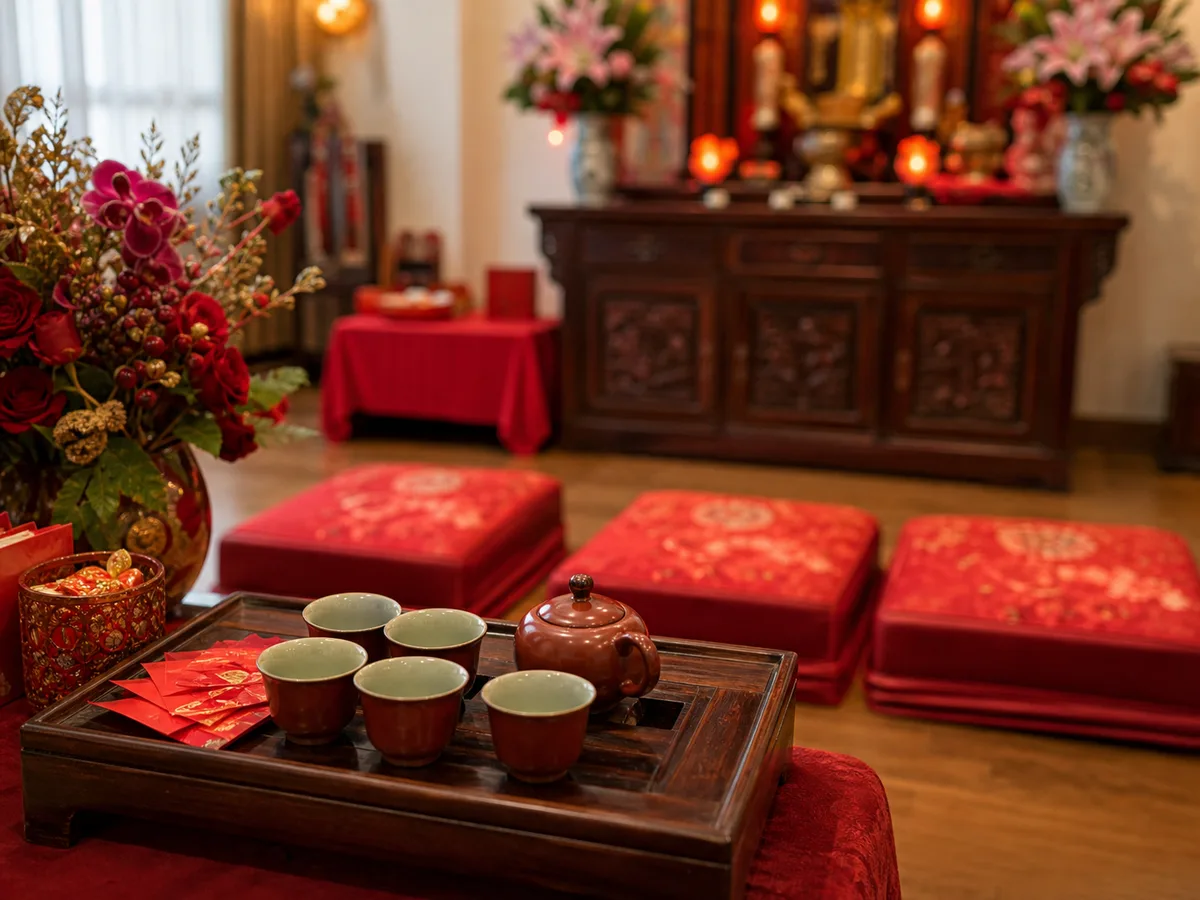 Tea cups and red cushions prepared for a Chinese wedding tea ceremony.
