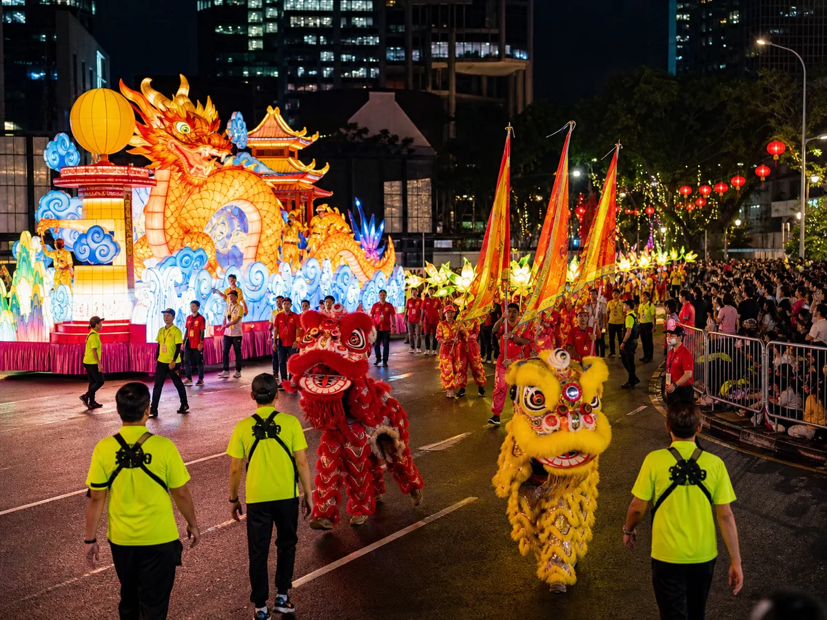 Festival performers and banners moving through a Chingay procession route.