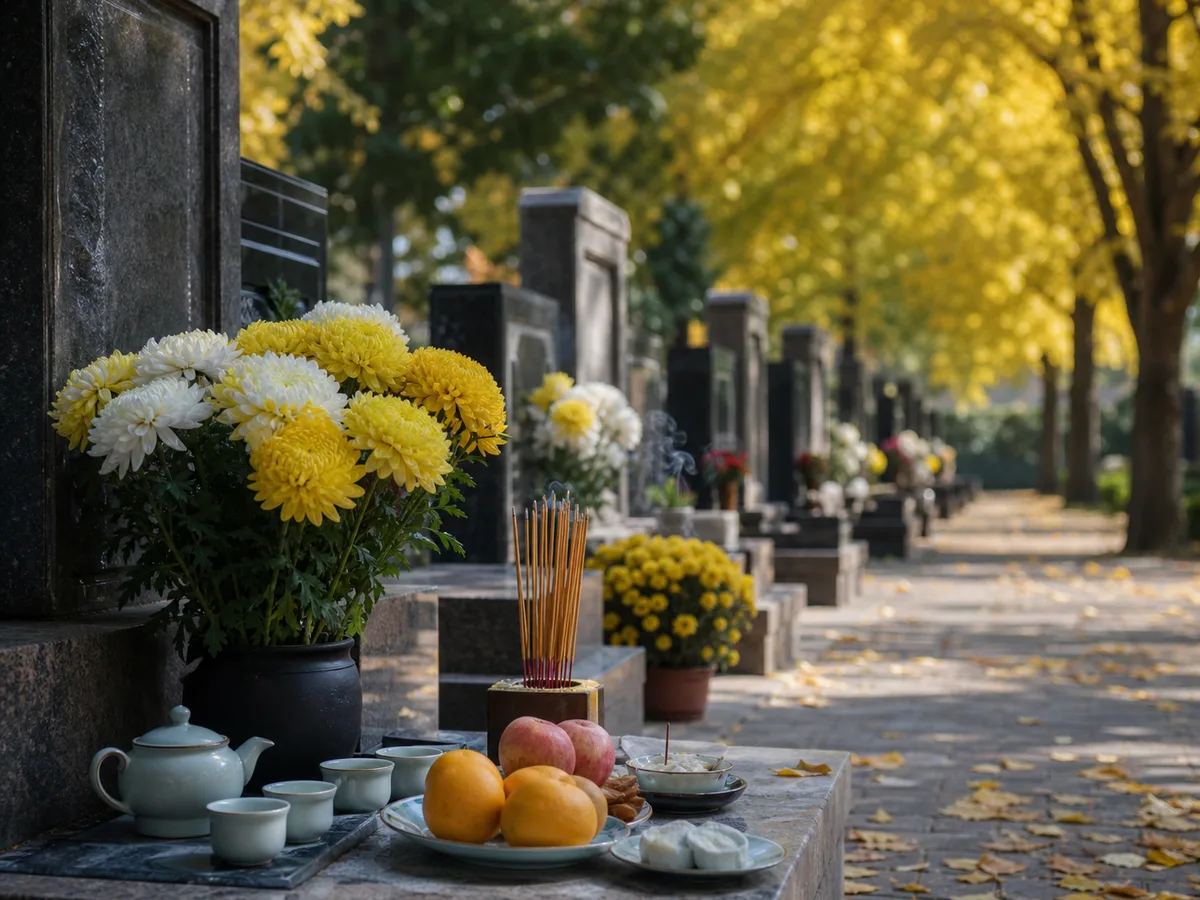 Chrysanthemums, tea, and offerings prepared for Chong Yang ancestor remembrance.