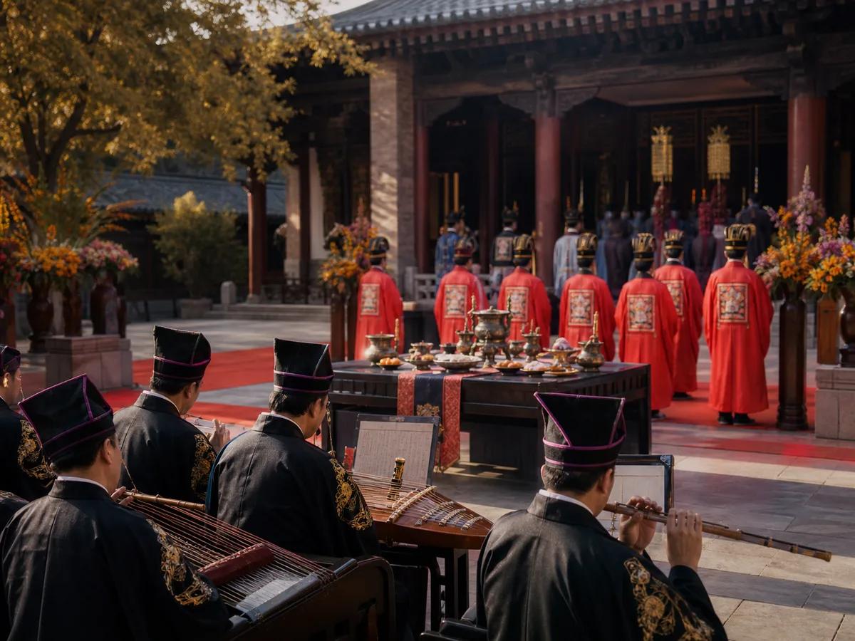 Musicians and officiants during a Confucius birthday ceremony.