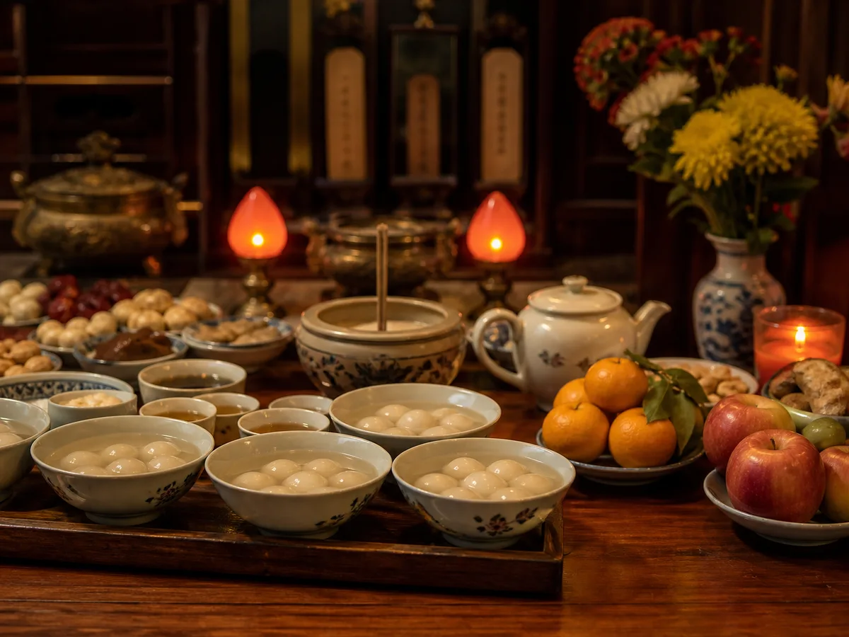 Tangyuan, tea, and offerings arranged for Dongzhi ancestor rites.