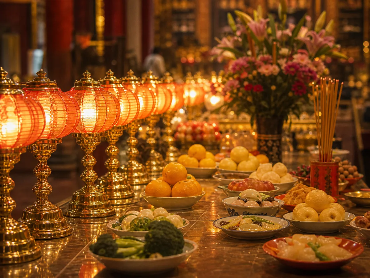 Altar lamps and vegetarian offerings arranged for a Dou Mu observance.