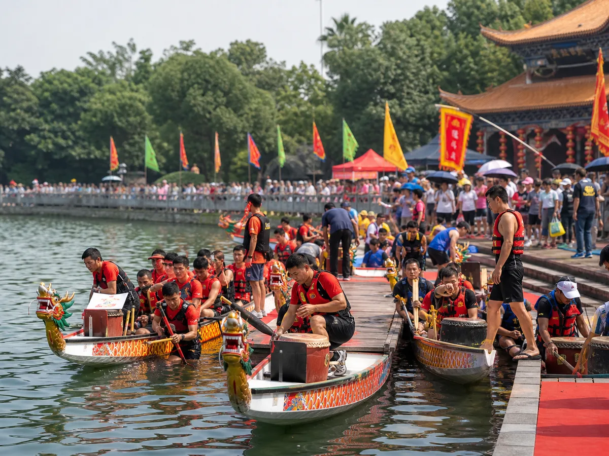 Dragon boat teams and spectators gathering for a Dragon Boat Festival race.
