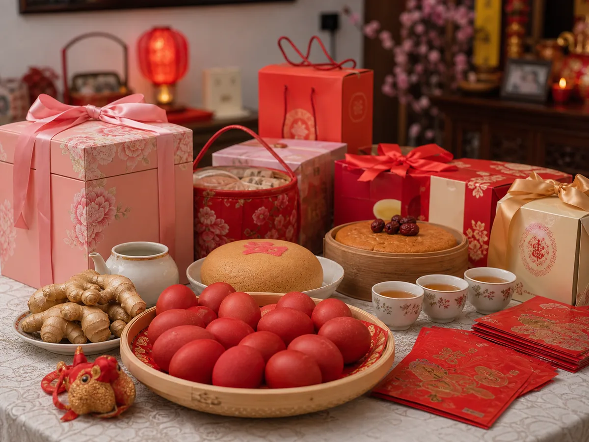 Red eggs, ginger, and tea prepared for a baby full month ceremony.