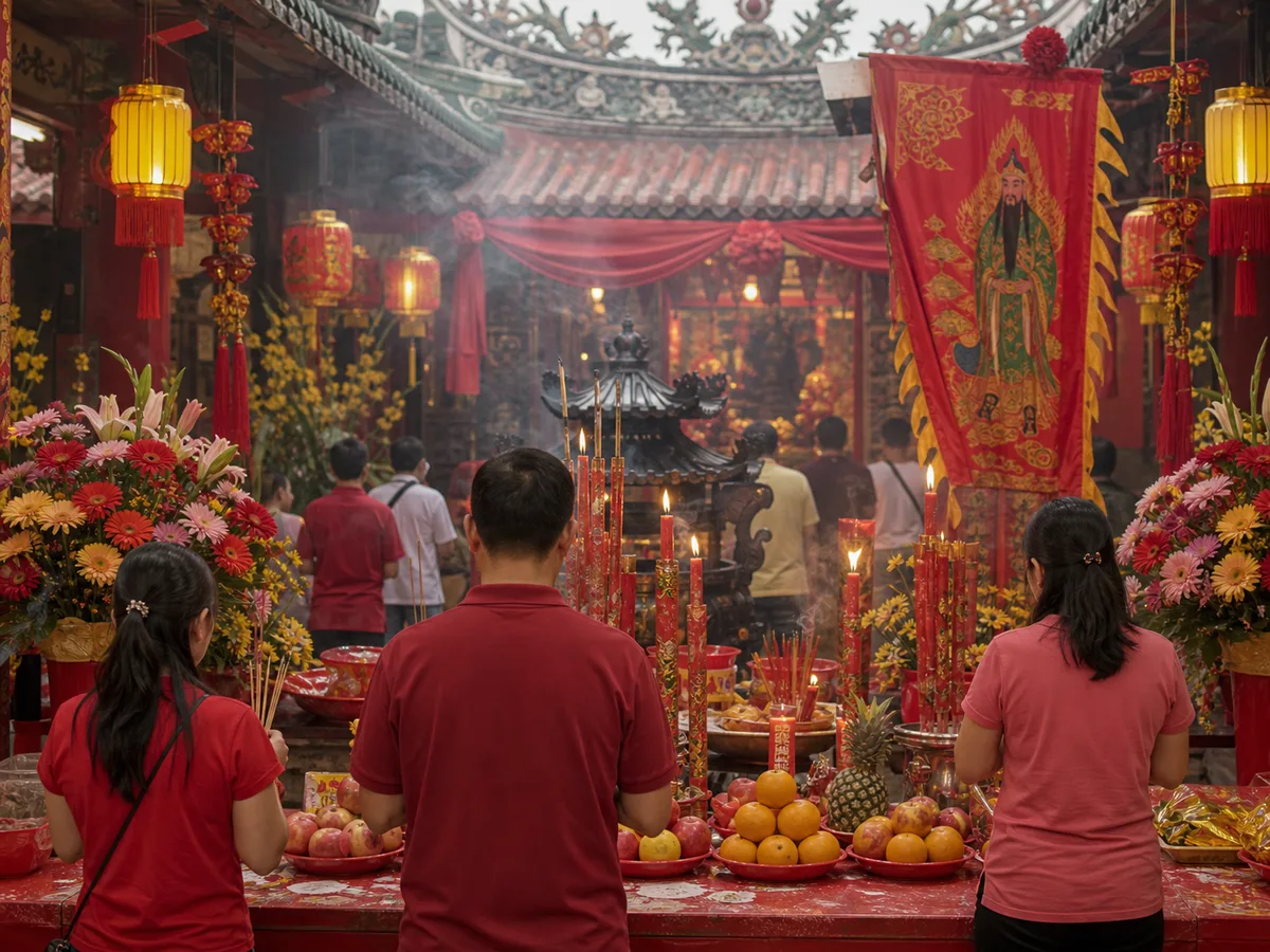Red banners and incense arranged for a Guan Di birthday observance at a Chinese temple.