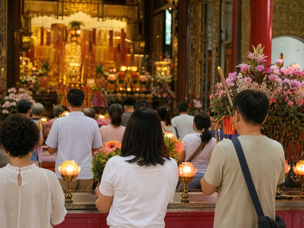 Flowers and lamps arranged in a temple hall for a Guan Yin observance.
