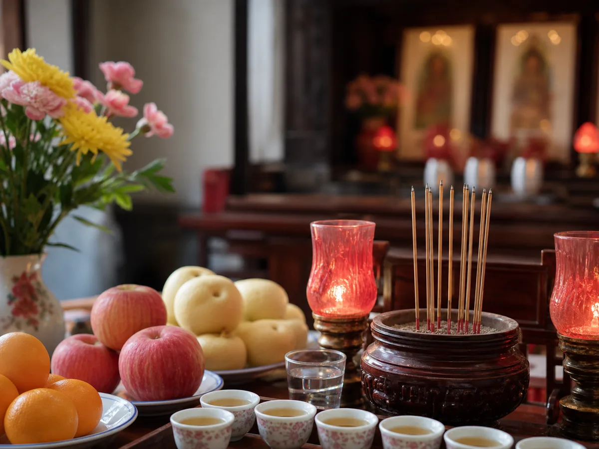 Fruit, tea, and flowers prepared for first and fifteenth lunar day home altar prayers.
