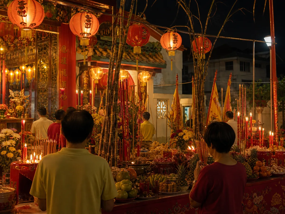 Sugarcane, lanterns, and incense arranged for a Jade Emperor birthday offering.