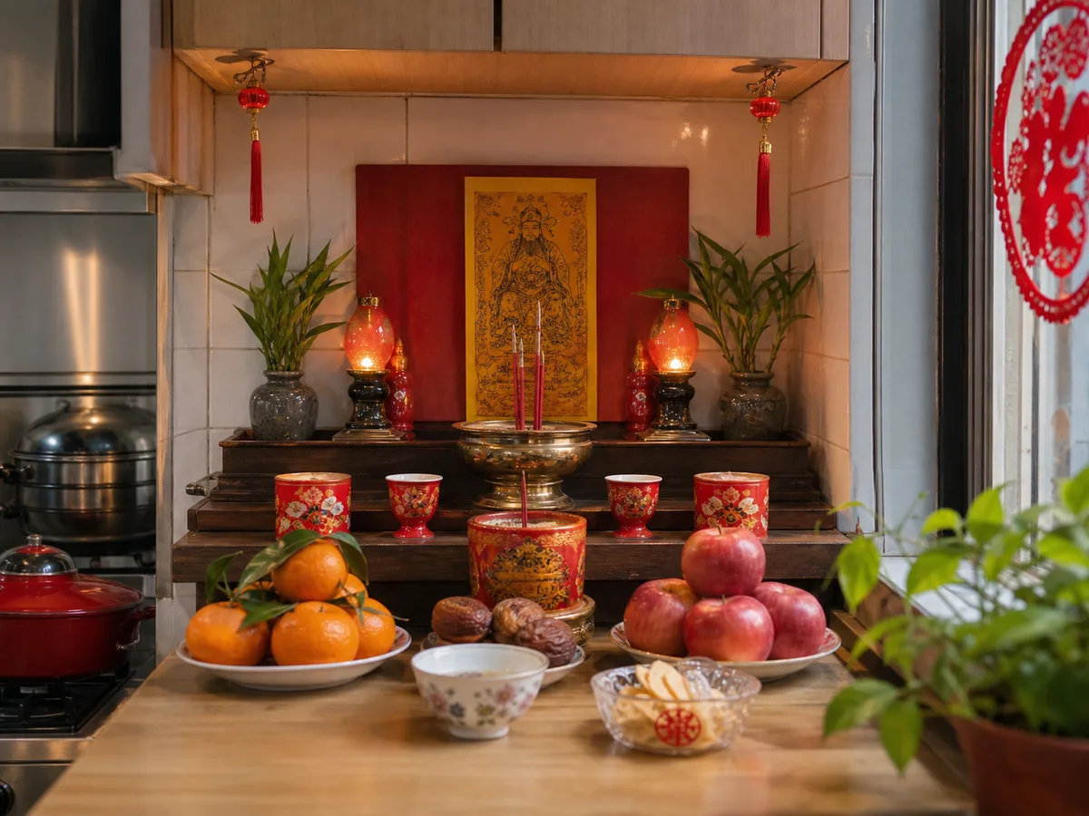Fruit, tea, and incense arranged for a Kitchen God send-off before Chinese New Year.