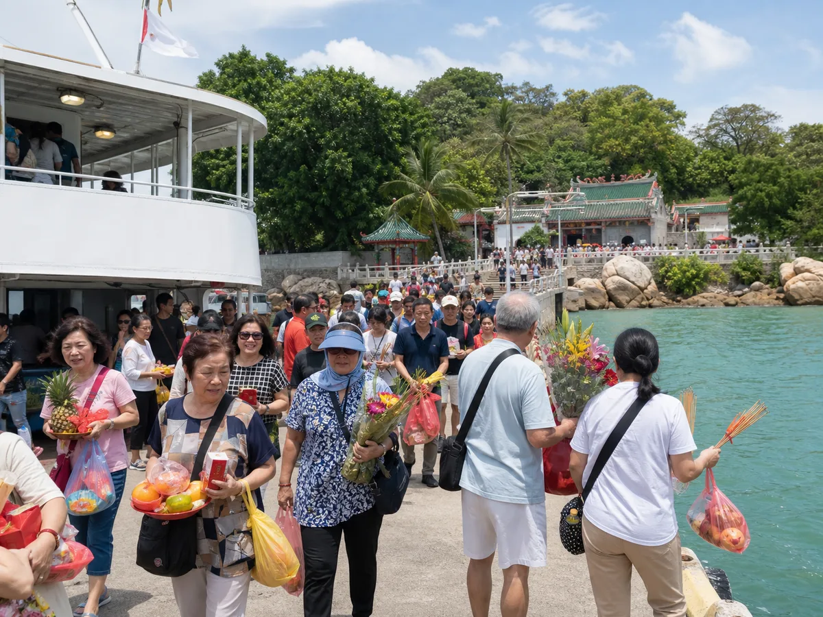 Devotees carrying offerings during the Kusu Island pilgrimage.