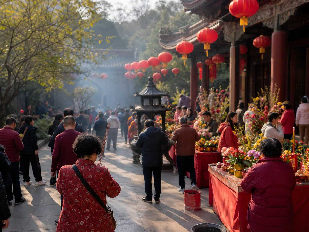 Red lanterns and orderly devotees at a Chinese temple during Lunar New Year prayers.