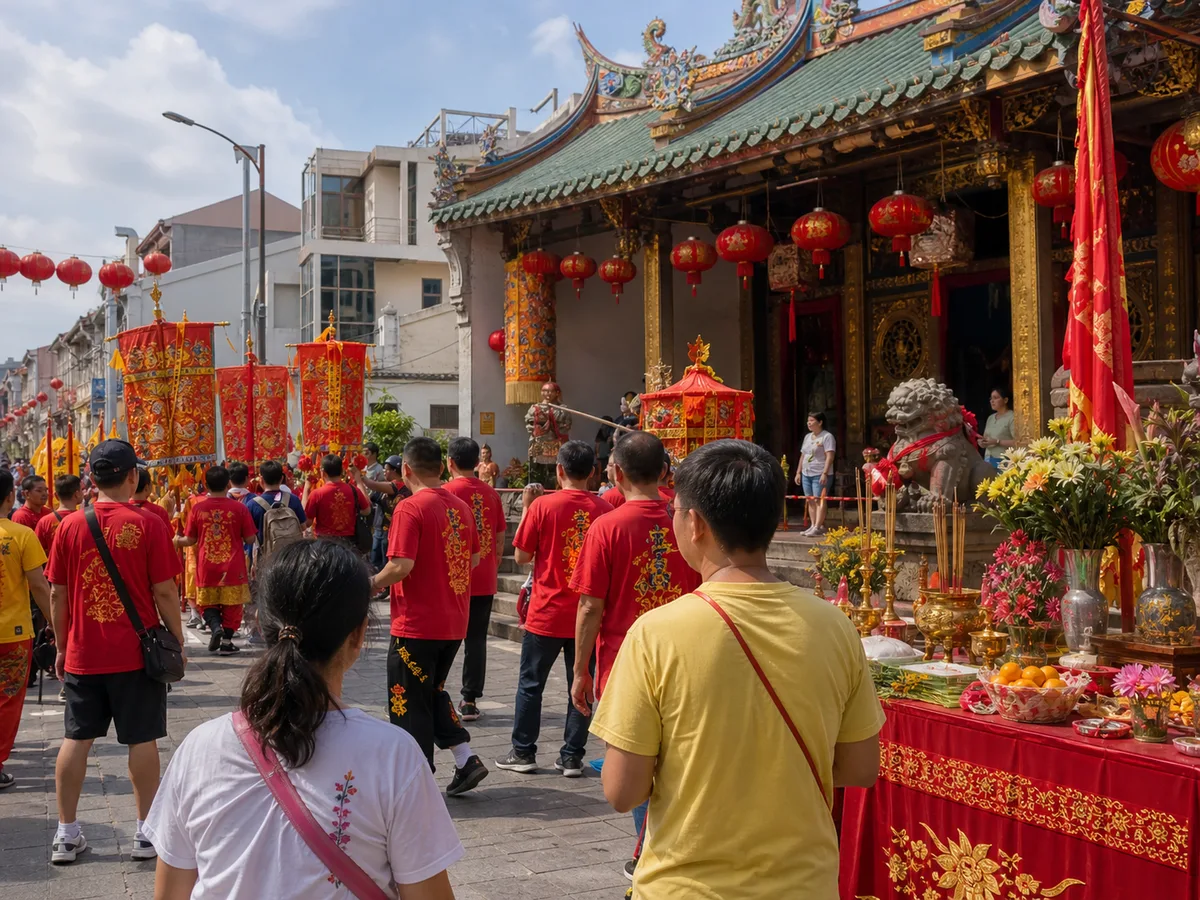 Devotees and banners outside a Chinese temple during a Mazu birthday procession.