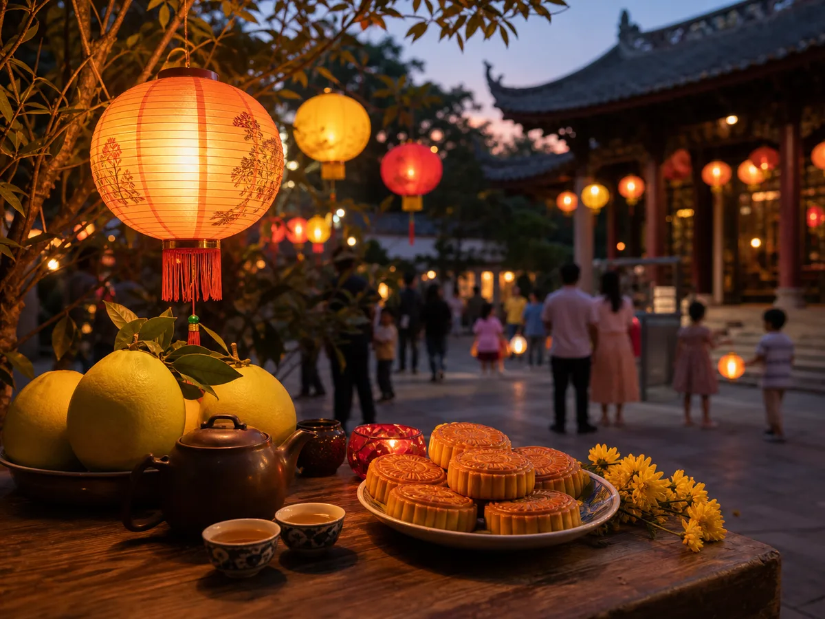 Lanterns and mooncakes arranged for Mid-Autumn Festival.