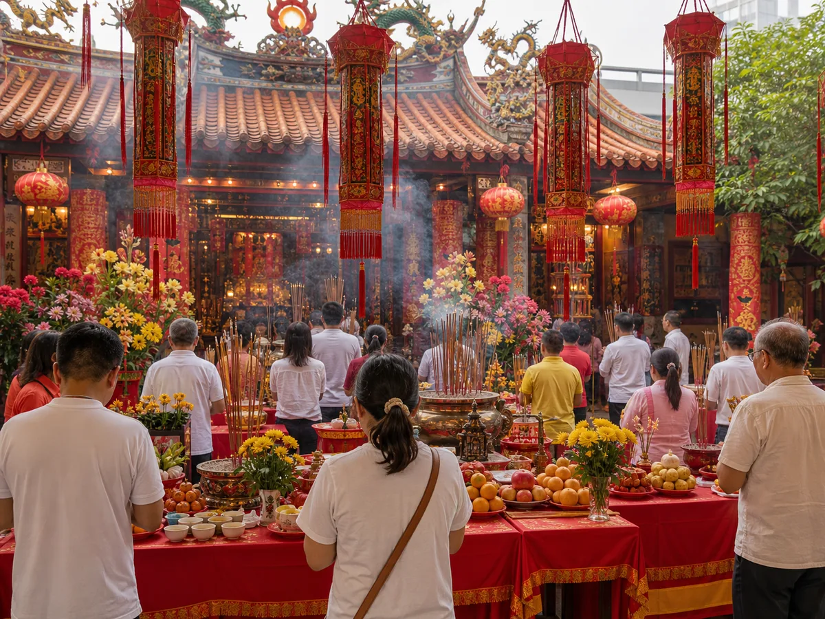 Lanterns and offering tables arranged at a temple for a Monkey God birthday observance.